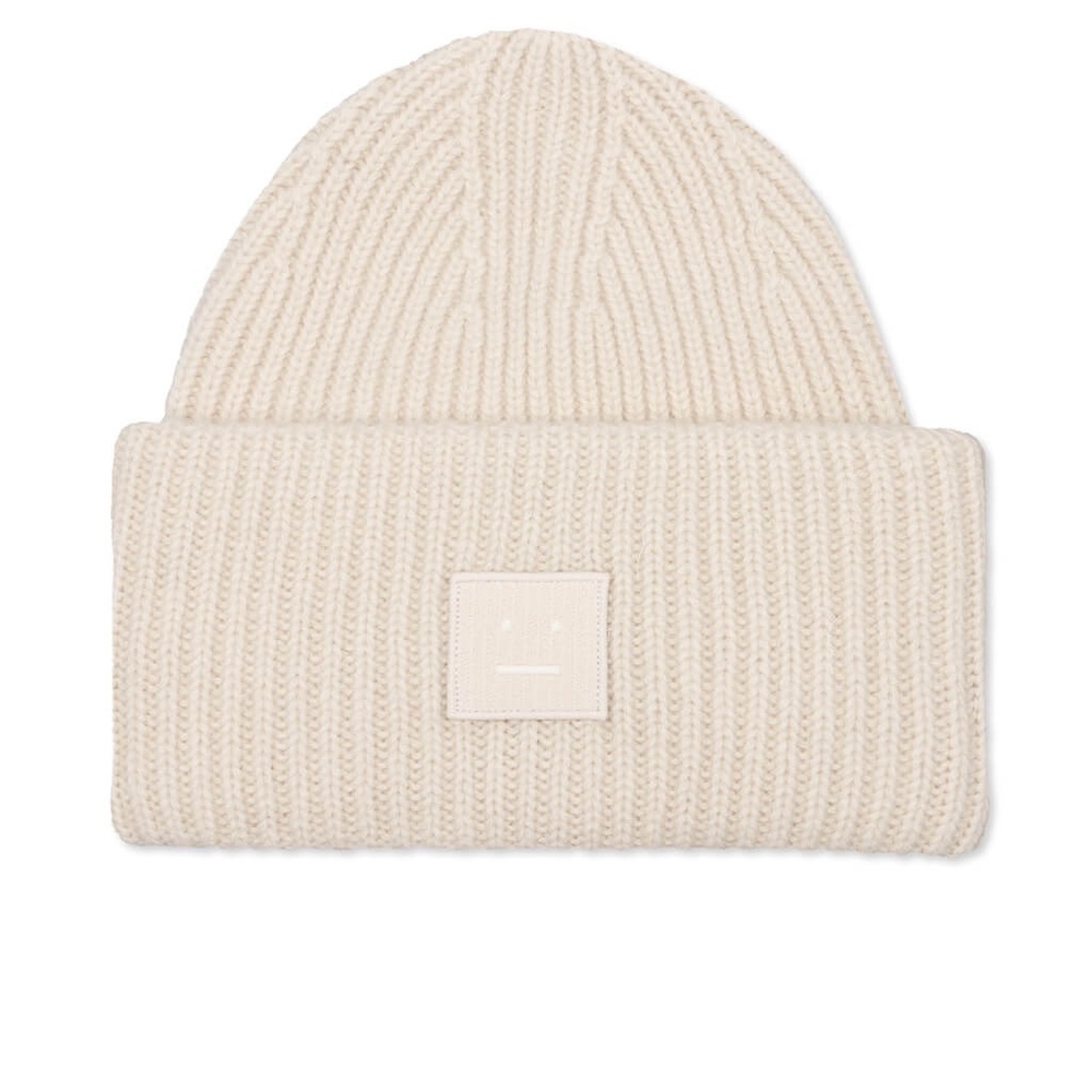 Acne Studios Pansy face logo 100% wool beanie in oatmeal!